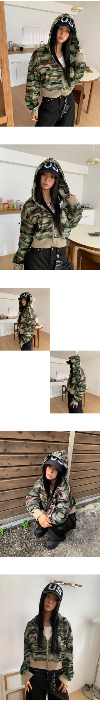 E-Ring Military Camo Pocket Crop Long Sleeve Hooded Zip-Up