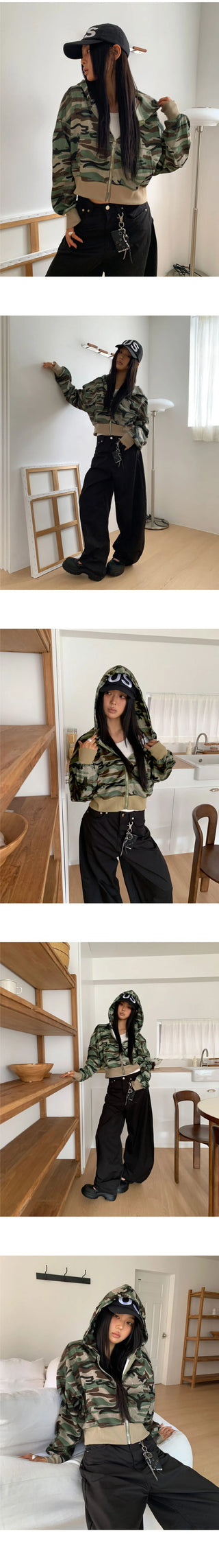E-Ring Military Camo Pocket Crop Long Sleeve Hooded Zip-Up