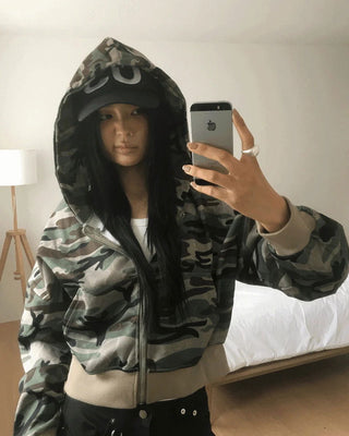 E-Ring Military Camo Pocket Crop Long Sleeve Hooded Zip-Up