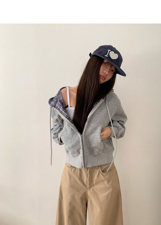 Michi check color block long-sleeved hooded zip-up