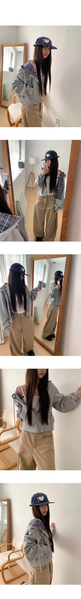 Michi check color block long-sleeved hooded zip-up