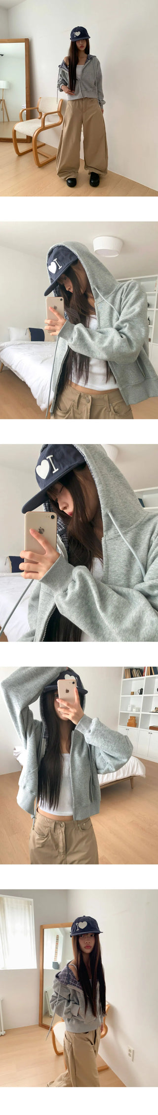 Michi check color block long-sleeved hooded zip-up