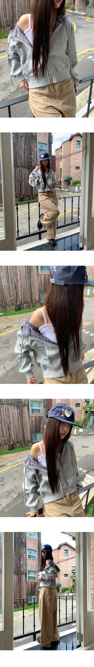 Michi check color block long-sleeved hooded zip-up