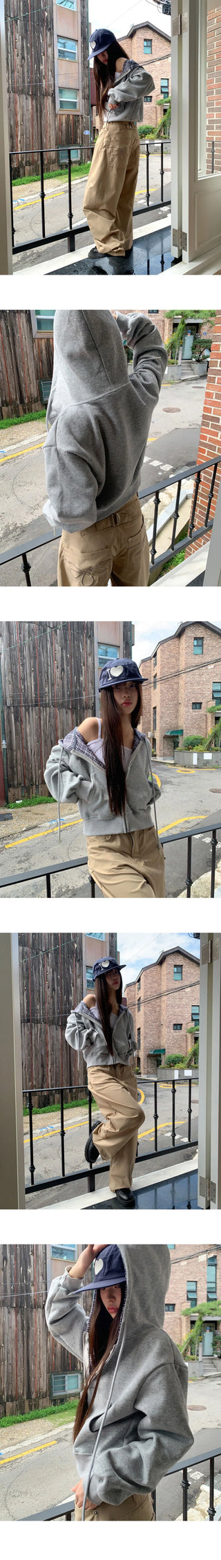 Michi check color block long-sleeved hooded zip-up