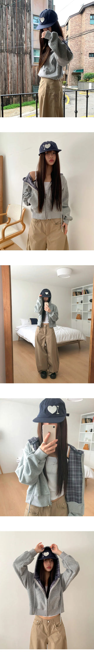 Michi check color block long-sleeved hooded zip-up