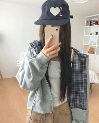 Michi check color block long-sleeved hooded zip-up