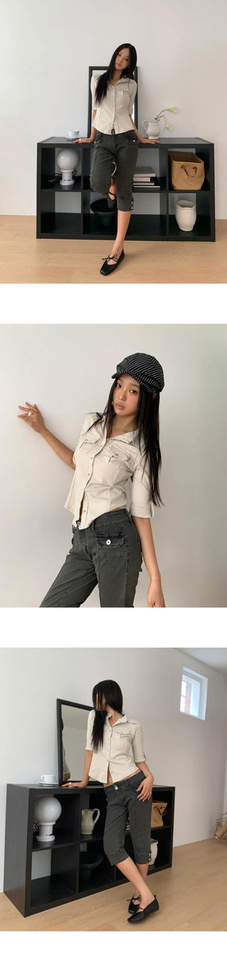 Leon Button Capri Denim 3/4 Length Pants
