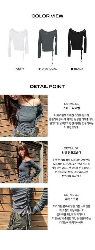 Yousi Studded Strap One-Shoulder Long Sleeve T-Shirt
