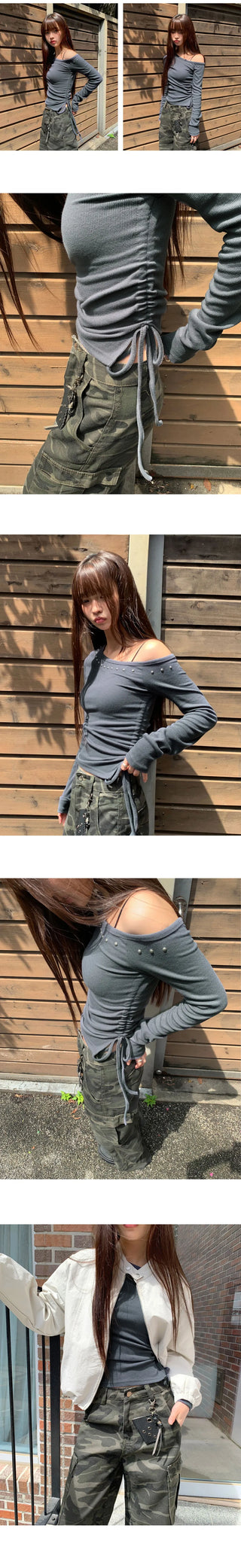 Yousi Studded Strap One-Shoulder Long Sleeve T-Shirt