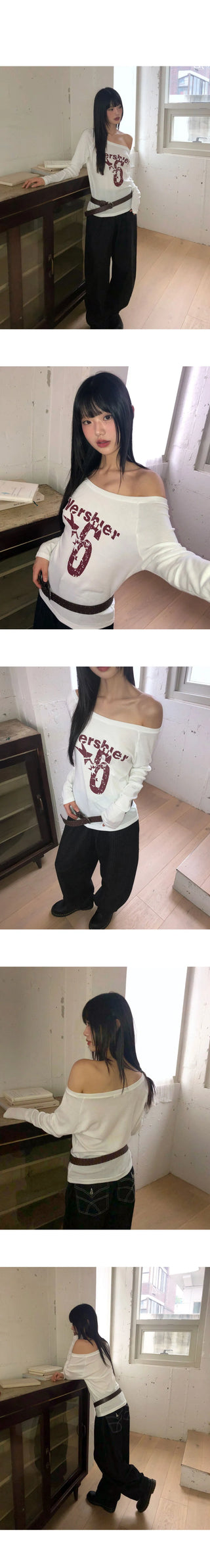 Dua Number Star Printed Unbalanced Off-Shoulder Long-Sleeve T-Shirt
