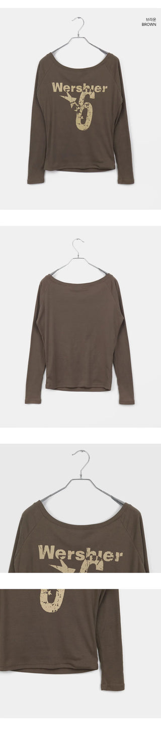 Dua Number Star Printed Unbalanced Off-Shoulder Long-Sleeve T-Shirt