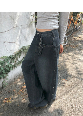 Benil Stud Balloon Fit Faded Denim Long Pants