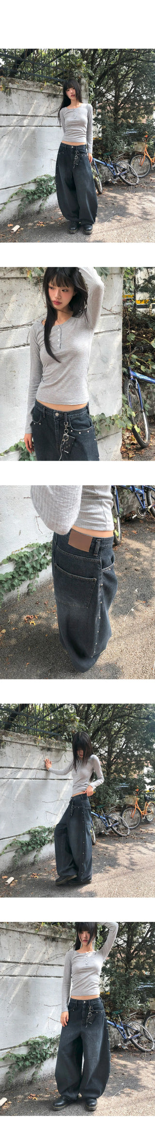 Benil Stud Balloon Fit Faded Denim Long Pants