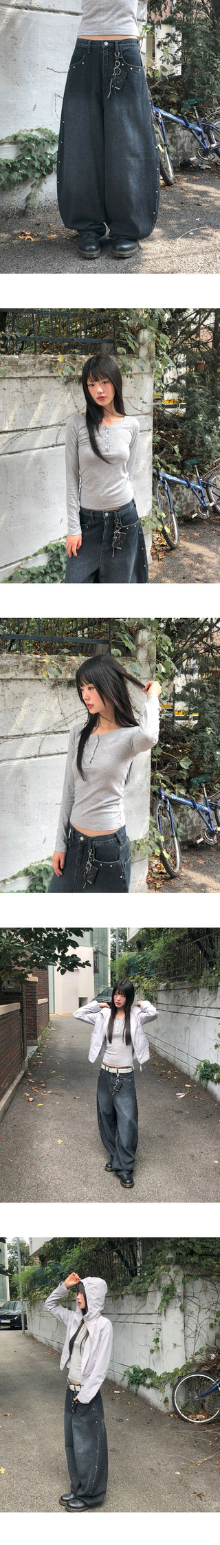 Benil Stud Balloon Fit Faded Denim Long Pants