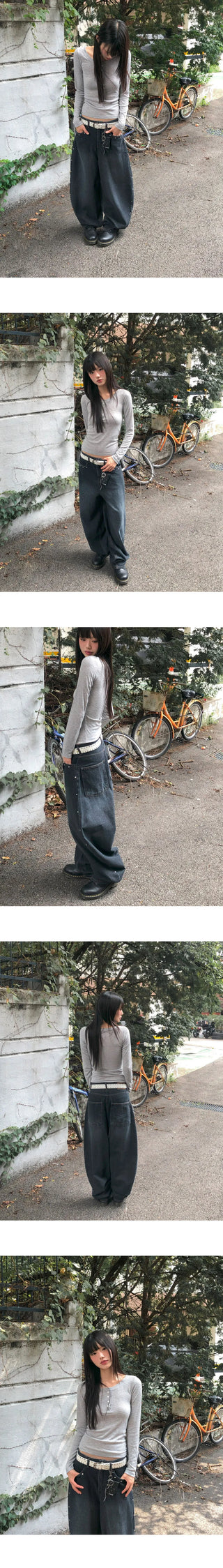 Benil Stud Balloon Fit Faded Denim Long Pants