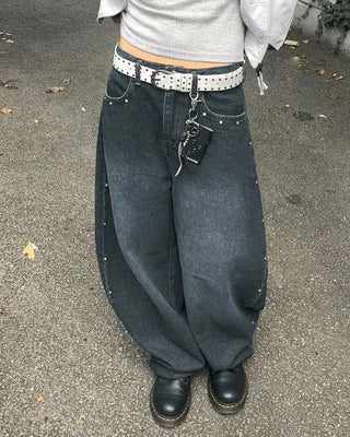 Benil Stud Balloon Fit Faded Denim Long Pants