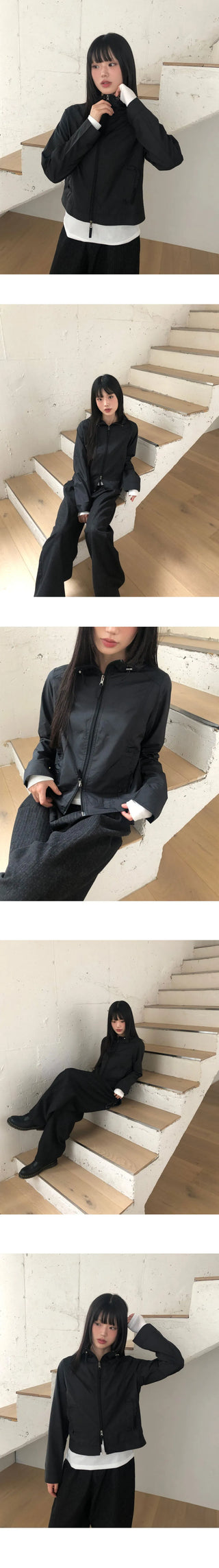 B-Pie Frill Pocket Two-Way Zipper Neck String Windbreaker Hooded Zip-Up