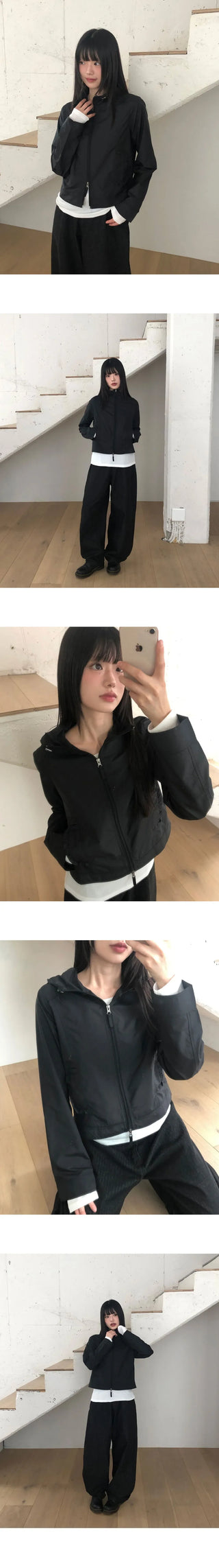 B-Pie Frill Pocket Two-Way Zipper Neck String Windbreaker Hooded Zip-Up