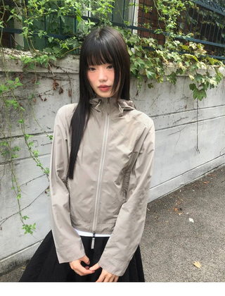 B-Pie Frill Pocket Two-Way Zipper Neck String Windbreaker Hooded Zip-Up