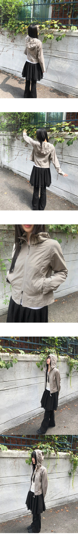 B-Pie Frill Pocket Two-Way Zipper Neck String Windbreaker Hooded Zip-Up