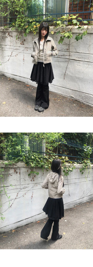 B-Pie Frill Pocket Two-Way Zipper Neck String Windbreaker Hooded Zip-Up