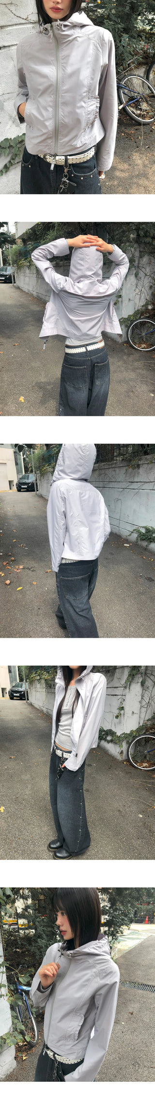 B-Pie Frill Pocket Two-Way Zipper Neck String Windbreaker Hooded Zip-Up