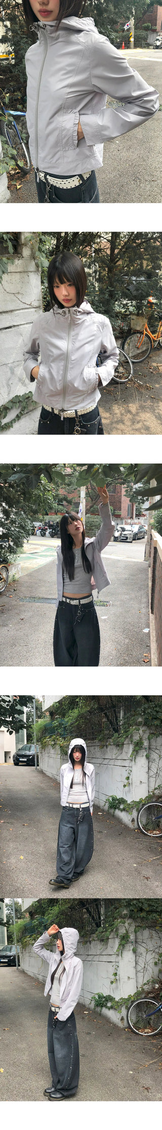 B-Pie Frill Pocket Two-Way Zipper Neck String Windbreaker Hooded Zip-Up