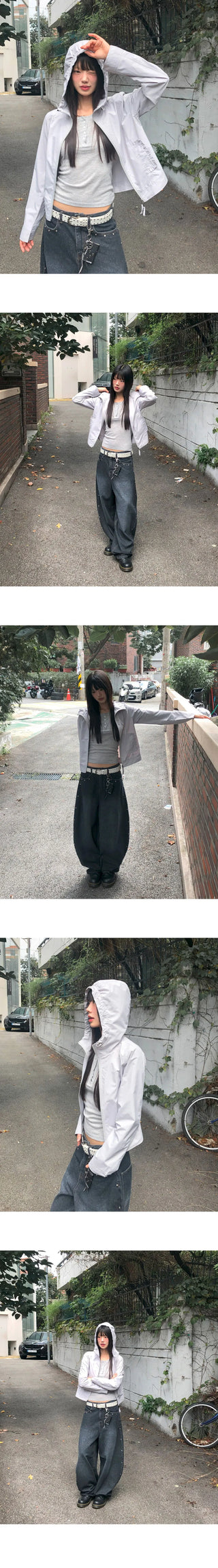 B-Pie Frill Pocket Two-Way Zipper Neck String Windbreaker Hooded Zip-Up