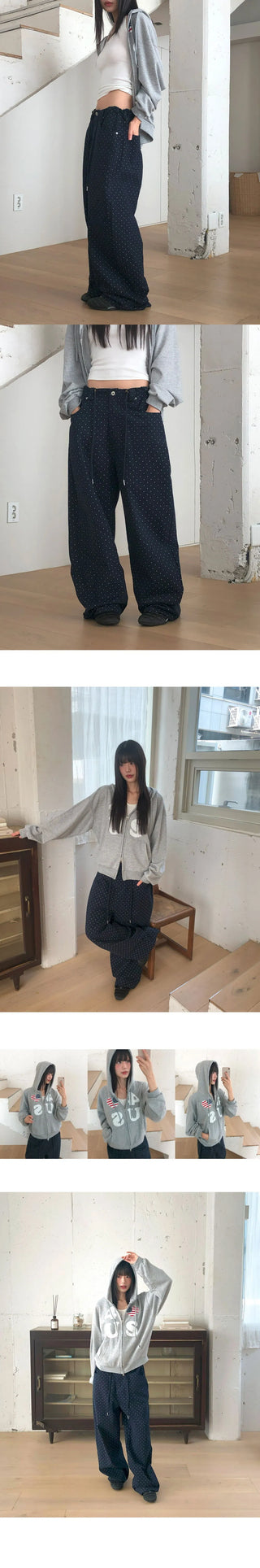 Md Dot Pattern String Strap Wide Cotton Long Pants