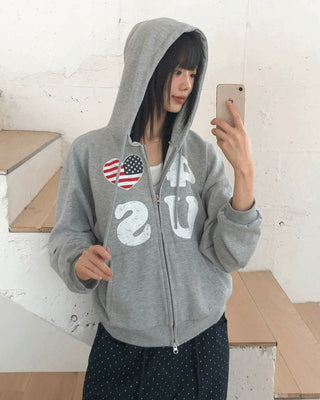 Pekit Stars and Stripes Heart Print Two-Way Zipper Long Sleeve Hooded Zip-Up