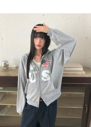 Pekit Stars and Stripes Heart Print Two-Way Zipper Long Sleeve Hooded Zip-Up