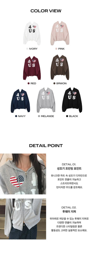 Pekit Stars and Stripes Heart Print Two-Way Zipper Long Sleeve Hooded Zip-Up