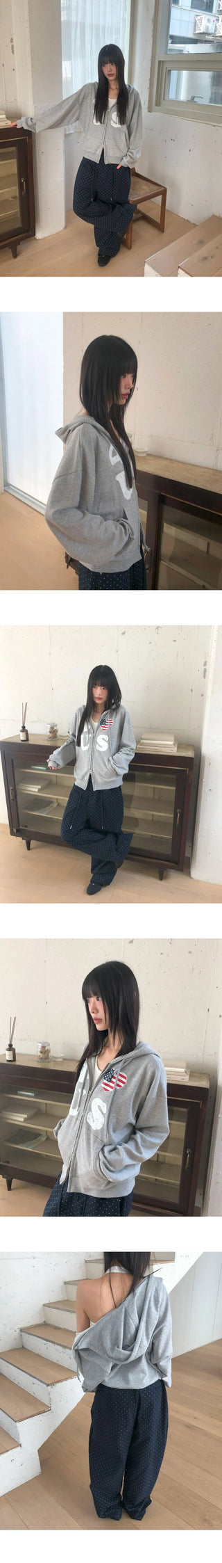 Pekit Stars and Stripes Heart Print Two-Way Zipper Long Sleeve Hooded Zip-Up