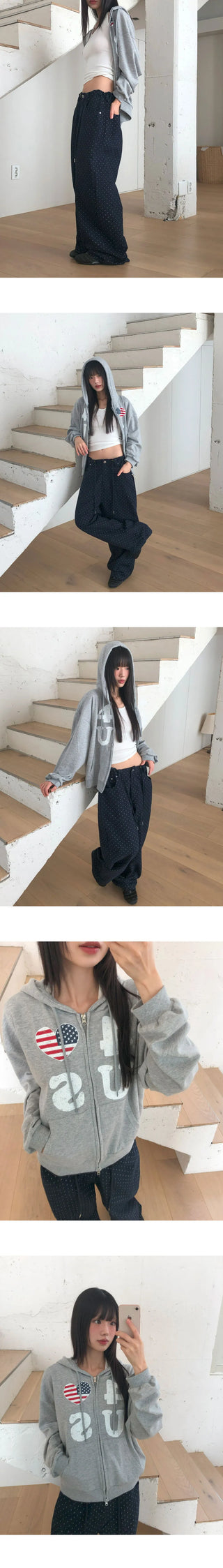 Pekit Stars and Stripes Heart Print Two-Way Zipper Long Sleeve Hooded Zip-Up