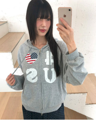 Pekit Stars and Stripes Heart Print Two-Way Zipper Long Sleeve Hooded Zip-Up