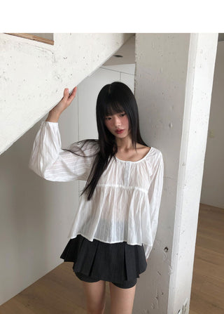 Gummy Stripe Button Round Neck Blouse