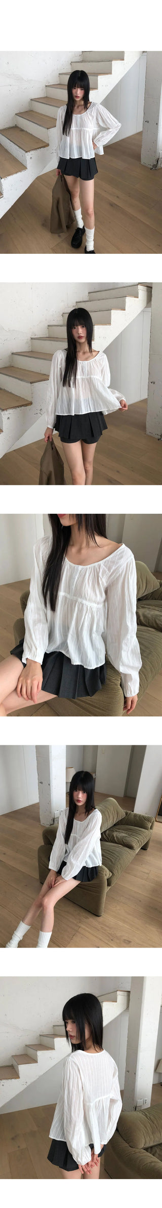 Gummy Stripe Button Round Neck Blouse