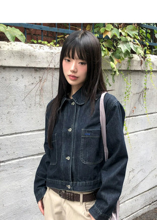 Mizen Collar Pocket Faded Denim Jacket