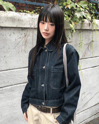 Mizen Collar Pocket Faded Denim Jacket