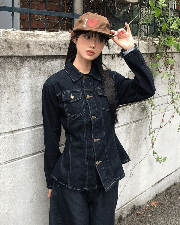 Ushi Line Pocket Denim Faded Long Sleeve Jacket