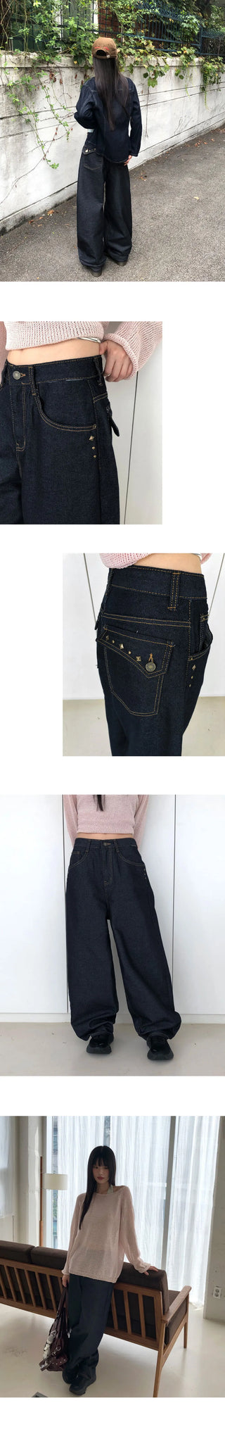 DB Studded Ching Pocket Balloon Fit Wide Denim Long Pants