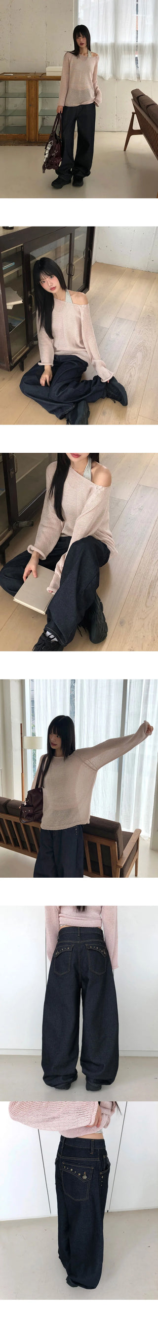 DB Studded Ching Pocket Balloon Fit Wide Denim Long Pants