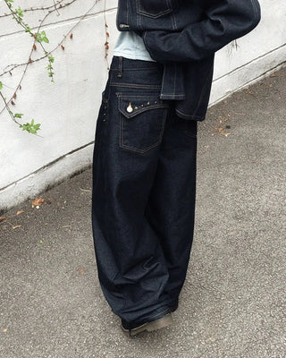 DB Studded Ching Pocket Balloon Fit Wide Denim Long Pants