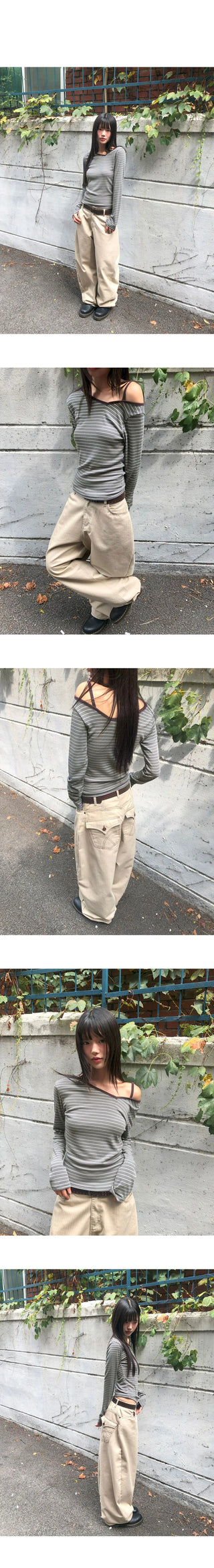 Two-Piece Striped Uneven Strap Long Sleeve T-Shirt