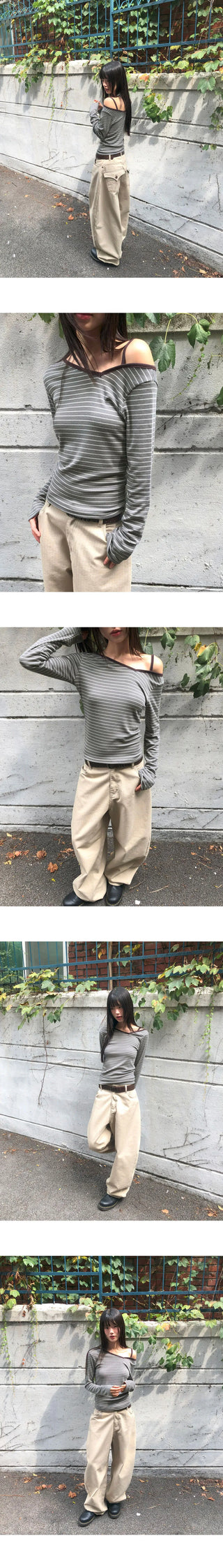 Two-Piece Striped Uneven Strap Long Sleeve T-Shirt