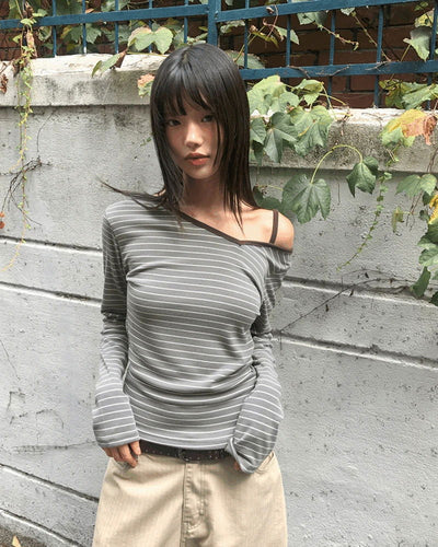 Two-Piece Striped Uneven Strap Long Sleeve T-Shirt
