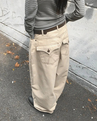 Cookie Stripe Split Balloon Fit Wide Cotton Long Pants