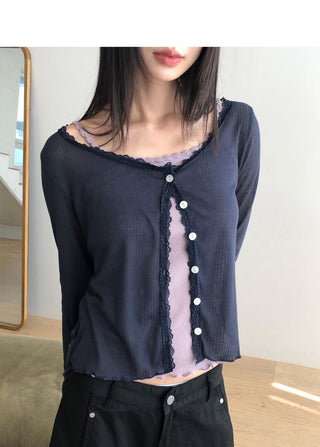 Phuang Lace Frill See-Through V- V-Neck Long-Sleeve Cardigan