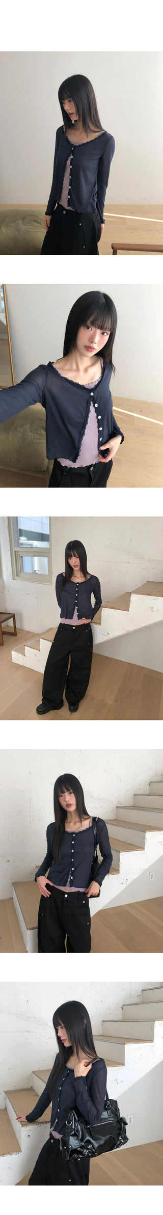 Phuang Lace Frill See-Through V- V-Neck Long-Sleeve Cardigan