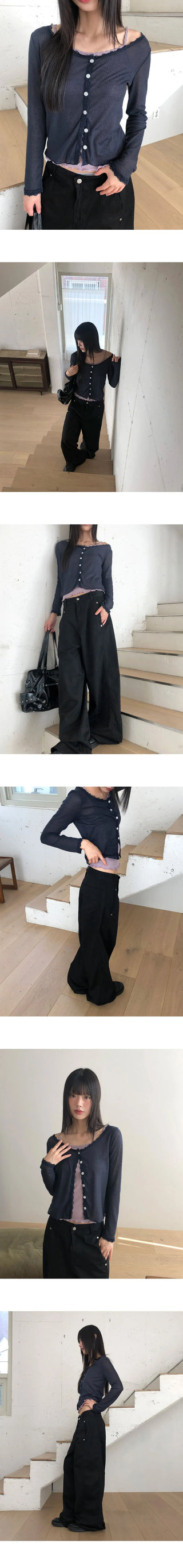 Phuang Lace Frill See-Through V- V-Neck Long-Sleeve Cardigan